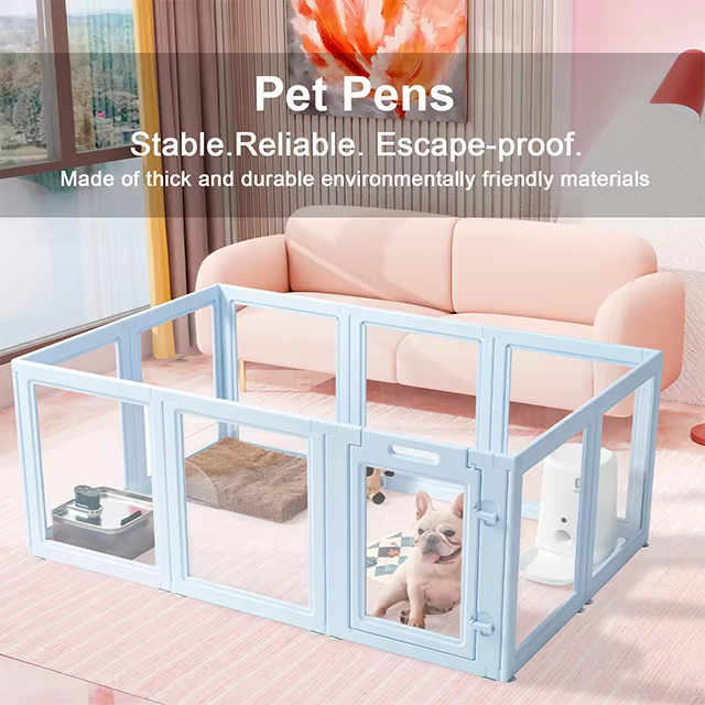Blue Clear Acrylic Pet Pen Playpen Easy-to-Assemble Pet Dog Crate Kennel Cage for Puppy Cat Rabbit for Small Dogs Indoor Use